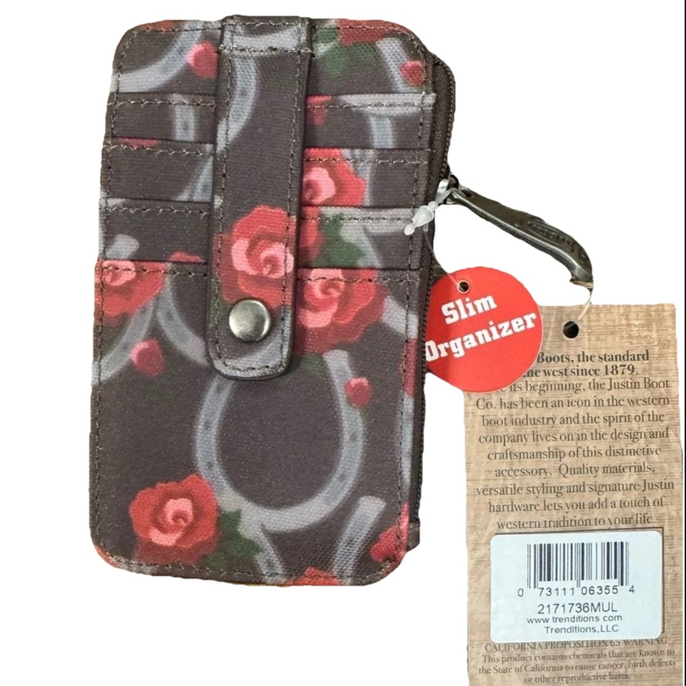 Justin Boots Slim Organizer Card Wallet – Floral & Horseshoe Print – Small NWT